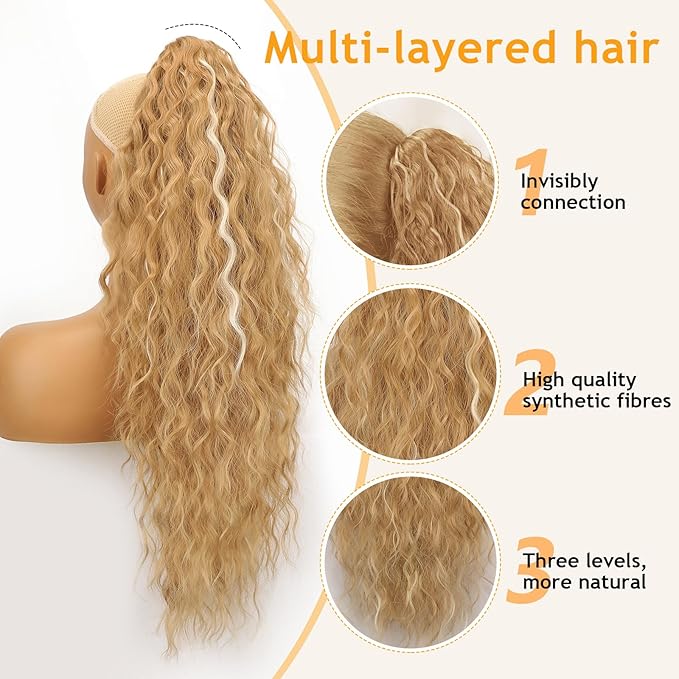 ORSUNCER Ponytail Extension Claw 26" Curly Pony Tail Clip in Claw Hair Extensions Fluffy Natural Looking Synthetic Hairpiece for Women Medium Blonde Highlights
