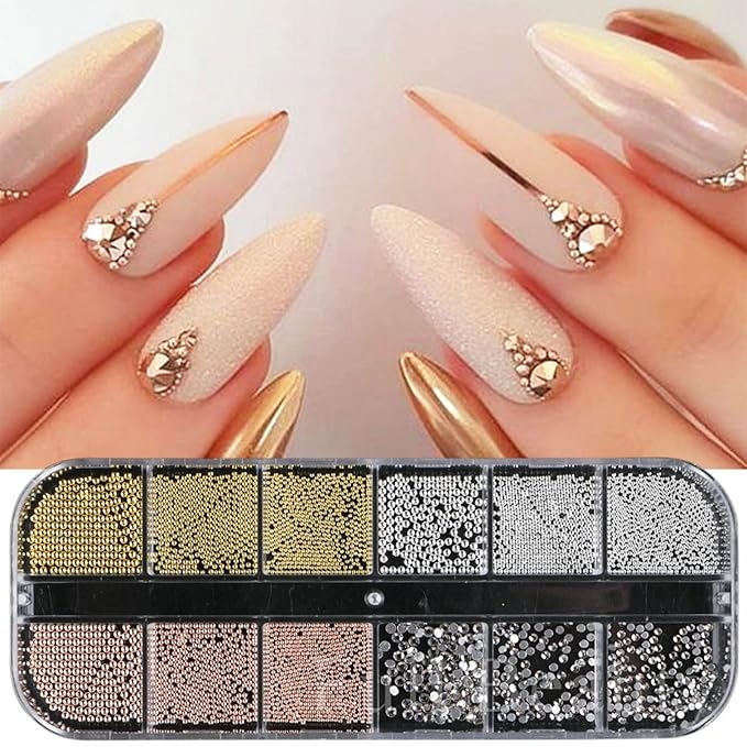 2 Boxes Nail Art Pearls Flatback Pearls Nail Charms Gold Silver White Half Round Nail Art Supplies Luxurious Design Nail Accessories Rhinestones for Women Nail Decorations.