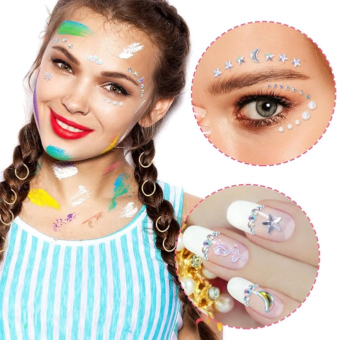 OIIKI 4 Sheets Star Heart Face Gems Stickers, Acrylic Crystal Eye Body Jewelry Sticker, Halloween Moon Pearls Butterfly Face Makeup Stickers, Rhinestone Tattoos for Women, Girls for Parties, Festivals
