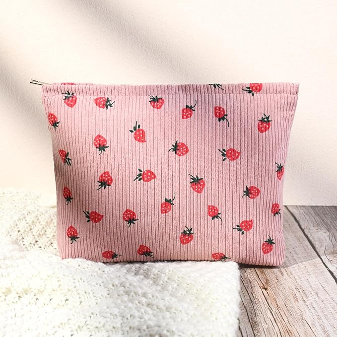 2 Pcs Cute Makeup Bag Large Cosmetic Bag Toiletry Bag Makeup Pouch Travel Bag Organizer Cute Makeup Brushes Aesthetic Accessories Storage Bag for Women Strawberry Pink Beige