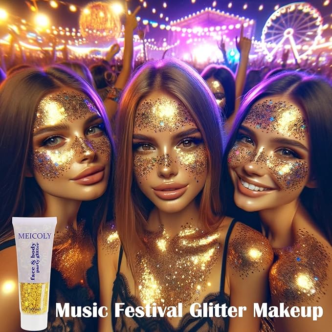MEICOLY Gold Body Glitter,Yellow Face Glitter,Music Festival Accessories Outfits for Women,Mermaid Sequins Hair Glitter Makeup,Sparkle Face Body Glitter for Country Concert,Mardi Gras Accessories