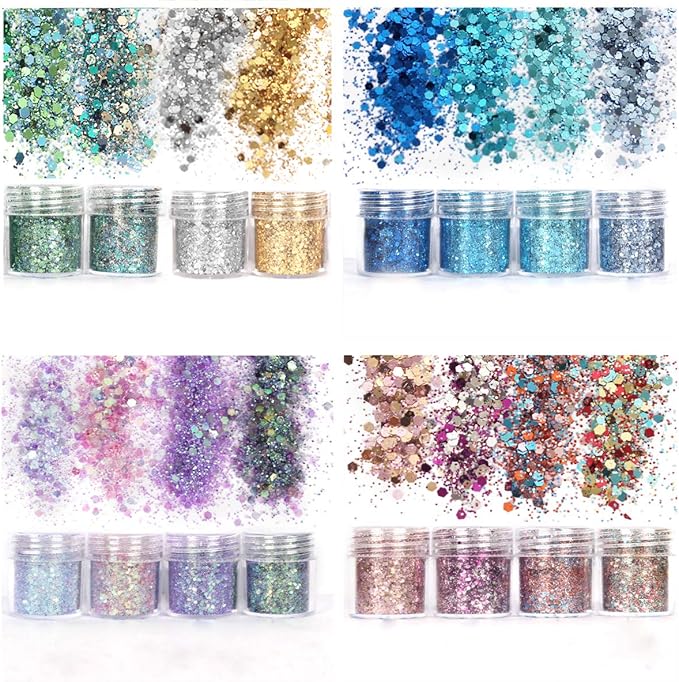 Body Glitter 16 Colors Chunky Glitter for Body Face Hair Make Up Nail Art Mixed Color Glitter