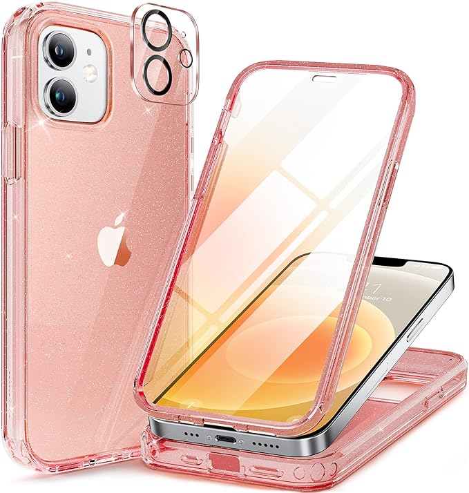 Miracase Glass Series for iPhone 12/12 Pro - Full-Body Rugged Protective Case with Built-in 9H Tempered Glass Screen Protector and Camera Lens Protector - Glitter Rose