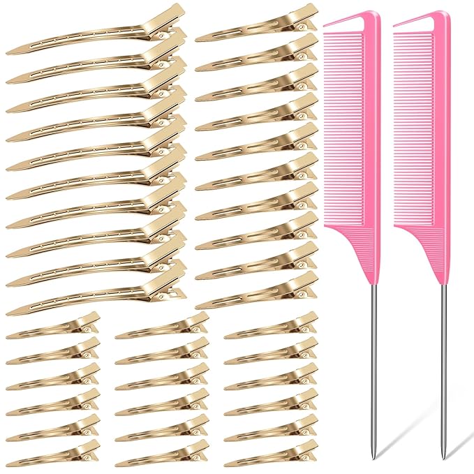 MORGLES 70PCS Metal Hair Roller Clips Bulk with A Organizer Box 3 Sizes Duck Billed Hair Clips with 2Pcs Pink Rat Tail Combs for Parting