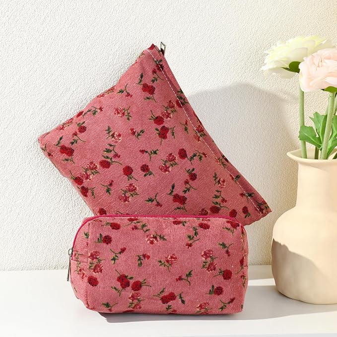 2 Pieces Rose Makeup Bag Large Cosmetic Bag Capacity Canvas Mix Travel Toiletry Bag Organizer Cute Makeup Brushes Aesthetic Accessories Storage Bag for Women, Rose Mix Green Red