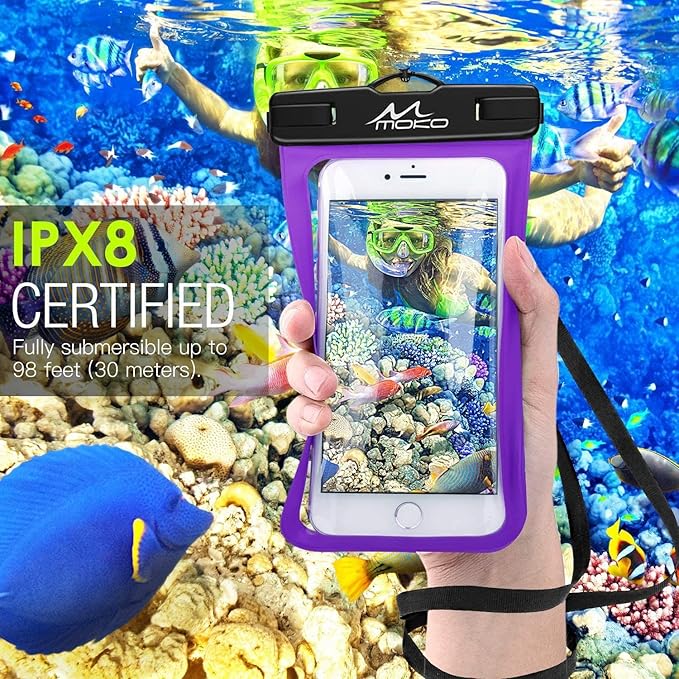 MoKo Waterproof Phone Pouch Holder, Underwater Cellphone Case Dry Bag with Lanyard Armband Compatible with iPhone 16 15 14 13 12 11 Pro Max X/Xr/Xs Max/SE 3, Samsung S24/S23/S21/S20/S10/S9, Purple