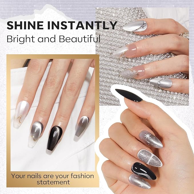 modelones Nail Polish Set, 6 Colors White Black Nail Polish with Magnet Glitter Cat Eye Magnetic Non Toxic Quick Dry Nail Polish Kit Fast Drying Fingernail Polish Salon Home DIY Gifts For Women Girl