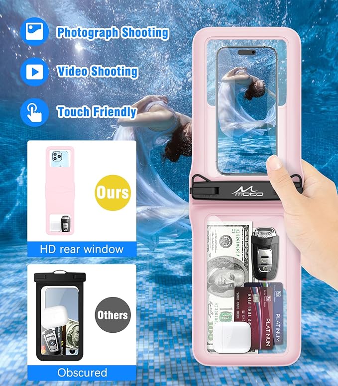 MoKo Double Case Waterproof Phone Pouch, 2Pack Waterproof Phone Case Dry Bag with Adjustable Lanyard Compatible with iPhone 15 14 Pro Max Galaxy S23 Ultra/Note 20 Ultra Up to 7 Inches, Black+Pink