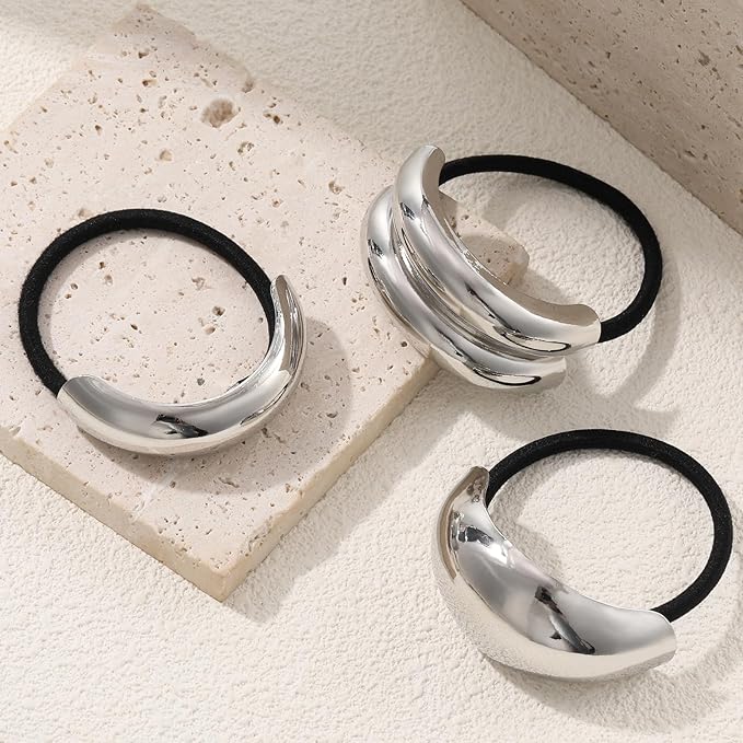 3PCS Silver Hair Ties, Metal Hair Ties for Thick Hair, Elegant Durable Geometric Design, Silver Hair Accessories Stretchy and Non-Damage Ponytail Holders, 3 Styles in Box Gifts Holiday