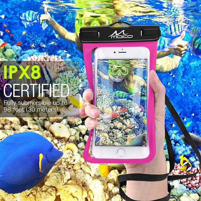 MoKo Waterproof Phone Pouch Holder 2Pack, Underwater Cellphone Case Dry Bag with Lanyard Armband Compatible with iPhone 16 15 14 13 12 11 Pro Max X/Xr/Xs/SE 3, Samsung S24/S23/S21/S10, Black+Magenta
