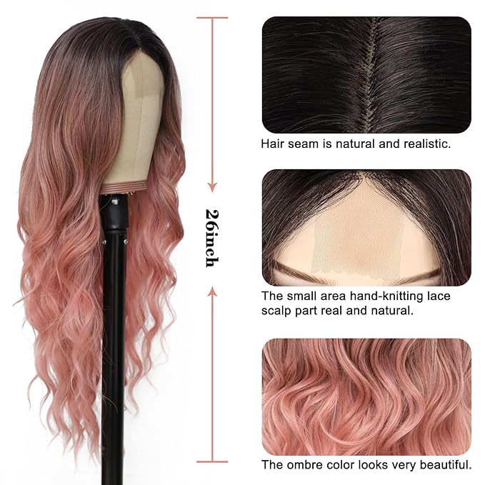 NAYOO Long Ombre Pink Wavy Wig for Women 26 Inch Middle Part Curly Wavy Wig Natural Looking Synthetic Heat Resistant Fiber for Daily Party Use (Ombre Pink)