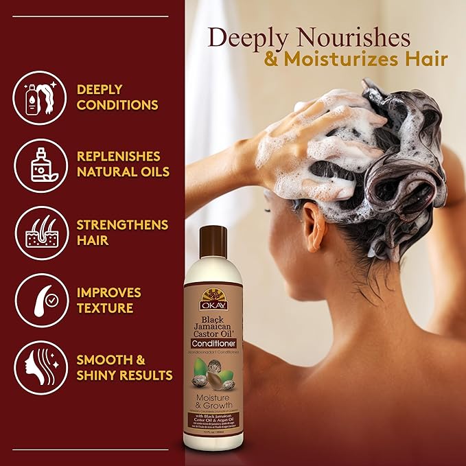 OKAY | Black Jamaican Castor Oil Conditioner | For All Hair Types & Textures | Revive - Moisturize - Grow Healthy Hair | with Argan Oil & Shea Butter | Free Of Parabens, Silicones, Sulfates , PALE YELLOW , 12 Oz