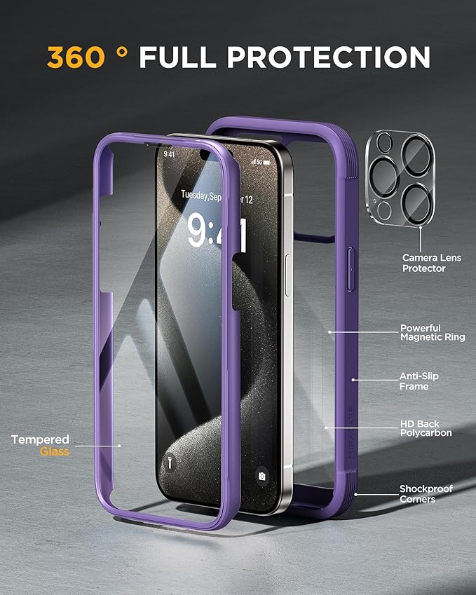 Miracase Glass Series for iPhone 15 Pro Max Case 6.7 Inch, Full-Body Drop Proof Phone Case for iPhone 15 Pro Max with Built-in 9H Tempered Glass Screen Protector + Camera Protector, Purple