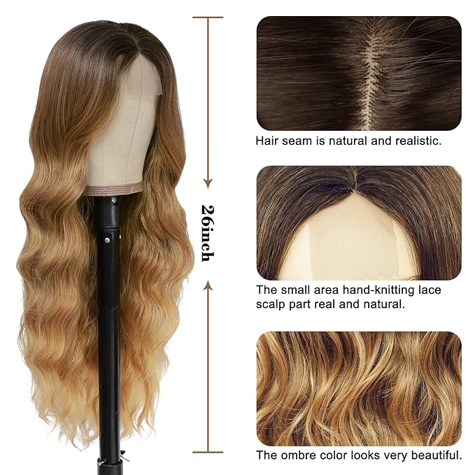 NAYOO Long Honey Blonde Wavy Wig for Women 26 Inch Middle Part Curly Wavy Wig Natural Looking Synthetic Heat Resistant Fiber for Daily Party Use