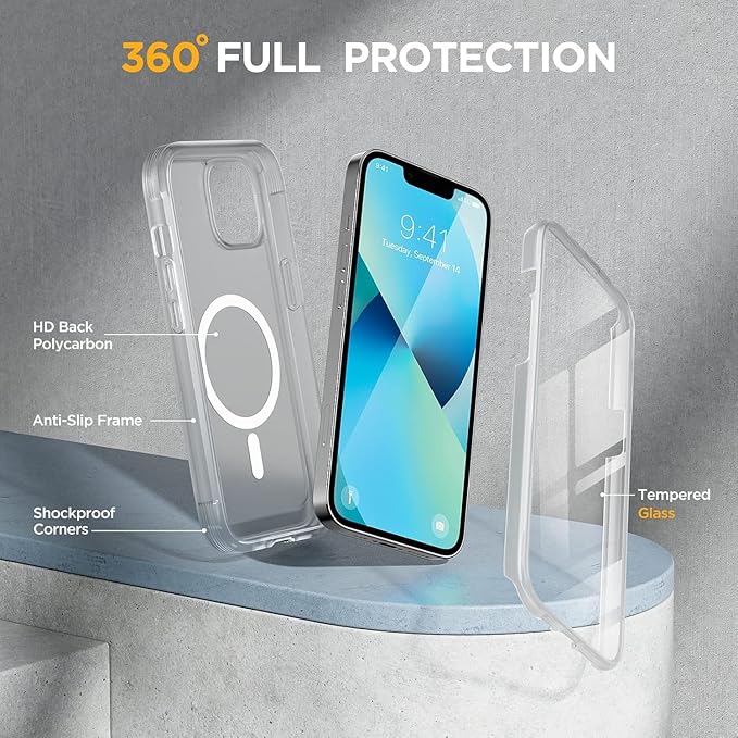 Miracase Glass Series Designed for iPhone 13 Mini Case 5.4 inch, 2023 Upgrade Full-Body Magnetic Clear Case with Built-in 9H Tempered Glass Screen Protector,Compatible with MagSafe,Clear