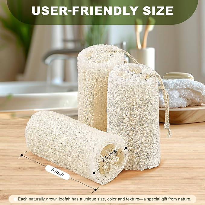 Natural Loofah Body Scrubber Sponge, Set of 3 Organic 5 Inch Luffa for Exfoliating & Smooth Skin Cleansing, Ideal for Men & Women, Spa & Shower Use
