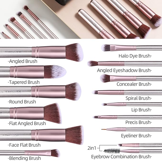 BS-MALL Makeup Brushes Premium Synthetic Foundation Powder Concealers Eye Shadows Makeup 14 Pcs Brush Set,Silver Purple with case