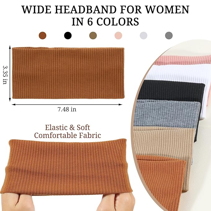 GoldenFleece 6 Pack Wide Headbands for Women Thick Elastic for Women's Hair Boho Head Bands for Thick Thin Dry Nurse Workout Sport Yoga Hair Styling Accessories