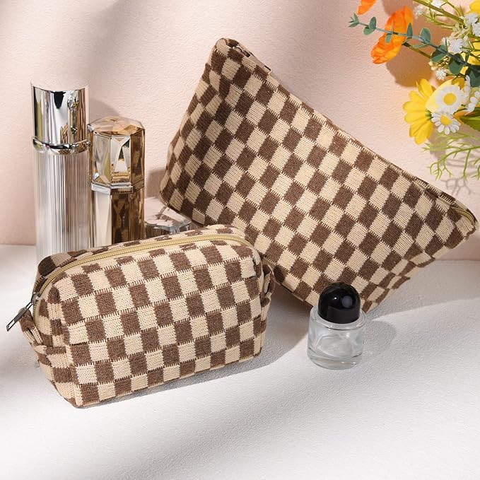 2 Pieces Makeup Bag Large Checkered Cosmetic Bag Capacity Canvas Mix Travel Toiletry Bag Organizer Cute Makeup Brushes Aesthetic Accessories Storage Bag for Women, Checkered Mix Brown