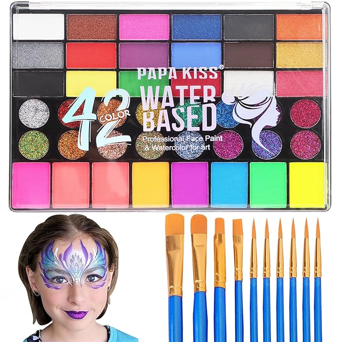 42 Color Face Painting Kit for Kids, Water Activated Face Paint Kit, Safe for Sensitive Skin Easy to Use, With Stencils & Brushes, Facepaint Makeup Kit for Parties, Birthdays, Halloween