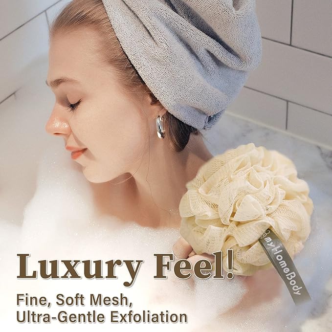myHomeBody Large 70g Loofah Sponge, Body Scrubber, Bath Sponge, Loofah for Women, Men, Exfoliating Sponge Shower Pouf with Activated Charcoal - 2 Oat Milk + 1 Caramel, 3 Pack