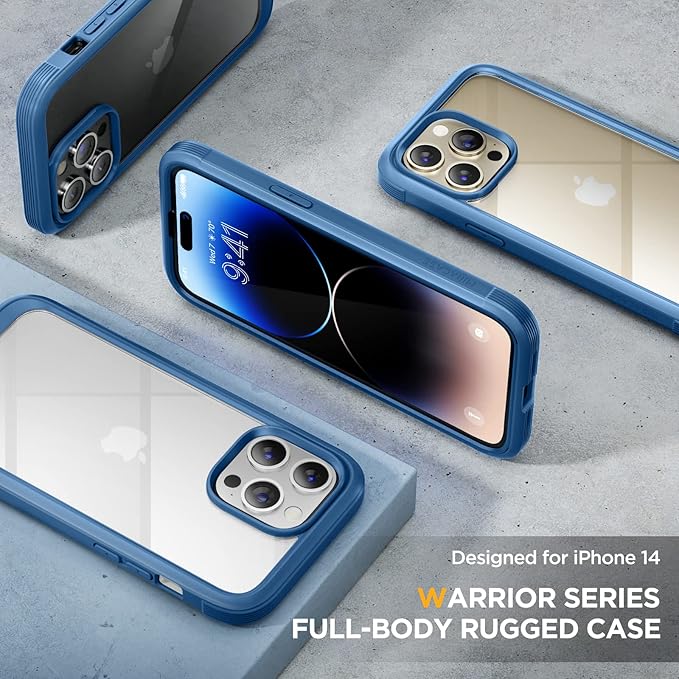 Miracase Glass Series for iPhone 14 Pro Case 6.1 Inch, Full-Body Clear Bumper Case with Built-in 9H Tempered Glass Screen Protector, with Camera Lens Protector, Capri Blue