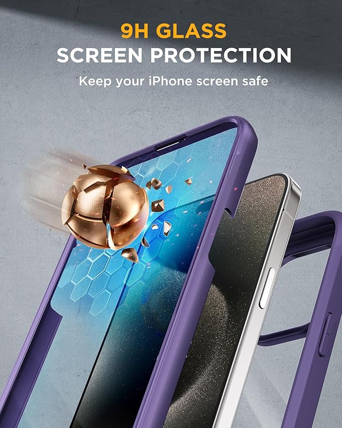 Miracase Glass Series for iPhone 15 Pro Max Case 6.7 Inch, Full-Body Drop Proof Phone Case for iPhone 15 Pro Max with Built-in 9H Tempered Glass Screen Protector + Camera Protector, Purple