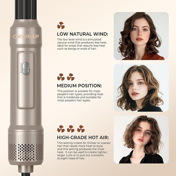 Blow Dryer Brush, 6 in 1 Auto Air Curling Iron Set 3 Temperature 1000W Powerful Negative Ionic Hair Dryer Brush Set with Thermal Brush, 60000RPM Hot Air Brush, Left&Right Curler Wand (Champagne Gold)