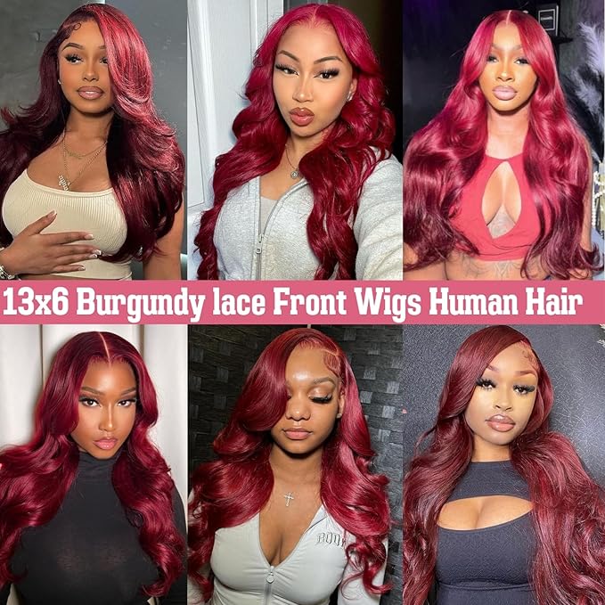 99j Burgundy Lace Front Wigs Human Hair 13x6 Hd Body Wave Lace Frontal Wigs Human Hair Pre Plucked 180 Density Glueless 99j Burgundy Red Wig Human Hair Colored Wigs for Women with Baby Hair 26 Inch