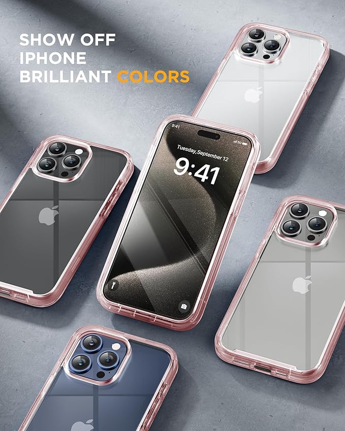 Miracase Glass Series for iPhone 15 Pro Max Case 6.7 Inch, Full-Body Drop Proof Phone Case for iPhone 15 Pro Max with Built-in 9H Tempered Glass Screen Protector + Camera Protector, Clear Pink