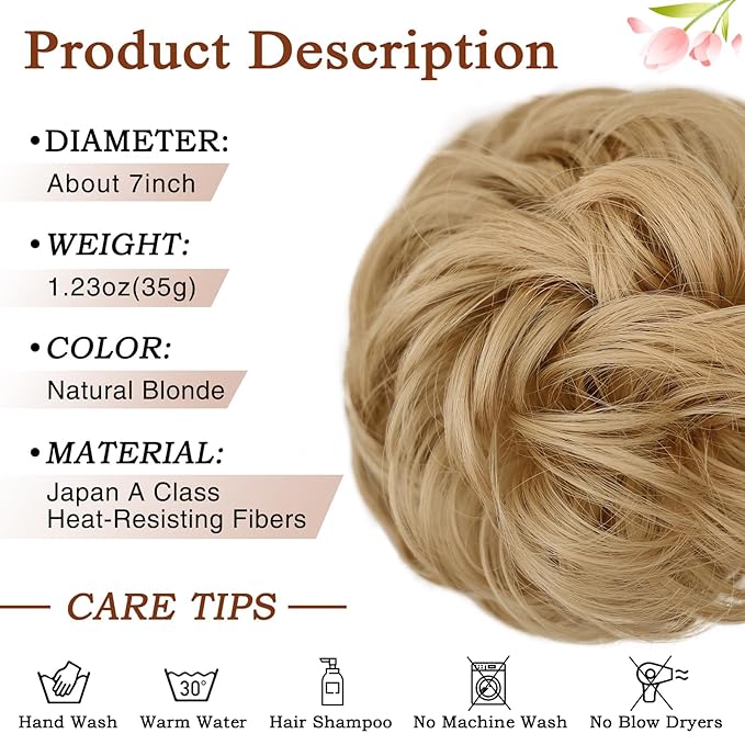 MORICA 1PCS Messy Hair Bun Hair Scrunchies Extension Curly Wavy Messy Bun Hair Synthetic Chignon Hairpieces for Women(24(Natural Blonde))