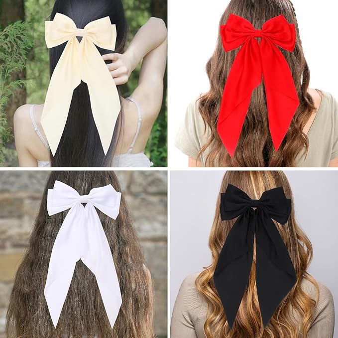 Silky Satin Oversized Hair Bows for Women Girls 4 PCS Hair Ribbon Bow Hair Clips with Long Tails(Black, White, Red, Beige )