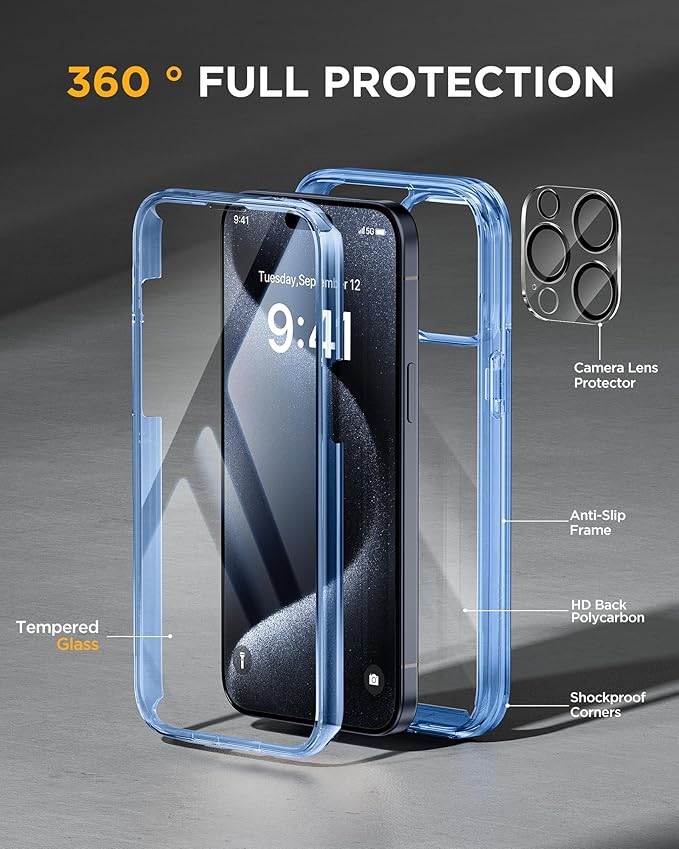 Miracase Glass Series for iPhone 15 Pro Max Case 6.7 Inch, Full-Body Drop Proof Phone Case for iPhone 15 Pro Max with Built-in 9H Tempered Glass Screen Protector + Camera Protector, Clear Blue