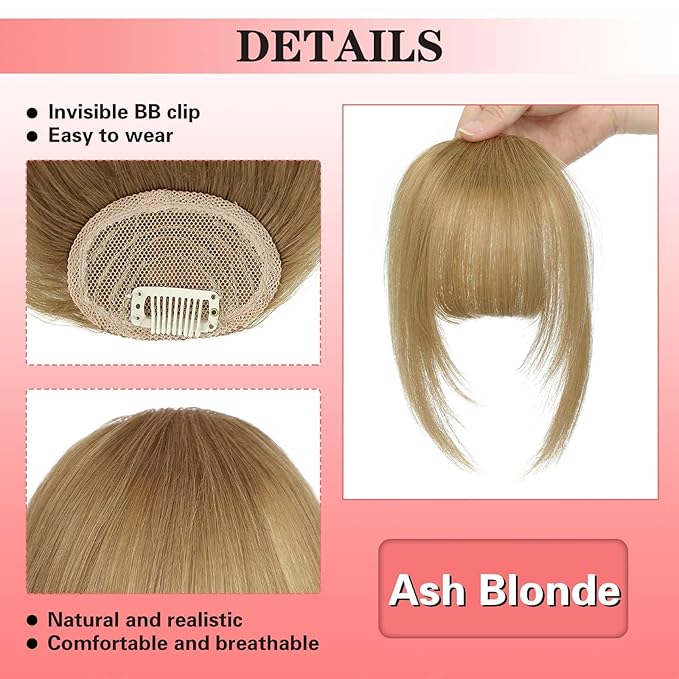 NAYOO Bangs Hair Clip in Bangs 100% Real Human Hair Extensions French Bangs Clip on Air Bangs for Women Hairpieces Curved Bangs for Daily Wear(Ash Blonde)