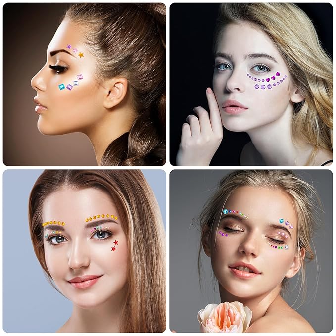 OIIKI 4 Sheets Colorful Star & Heart Face Gems, Acrylic Crystal Face Gems, Halloween Round Square Makeup Stickers - 4 Styles Rhinestones Tattoos for Women & Girls