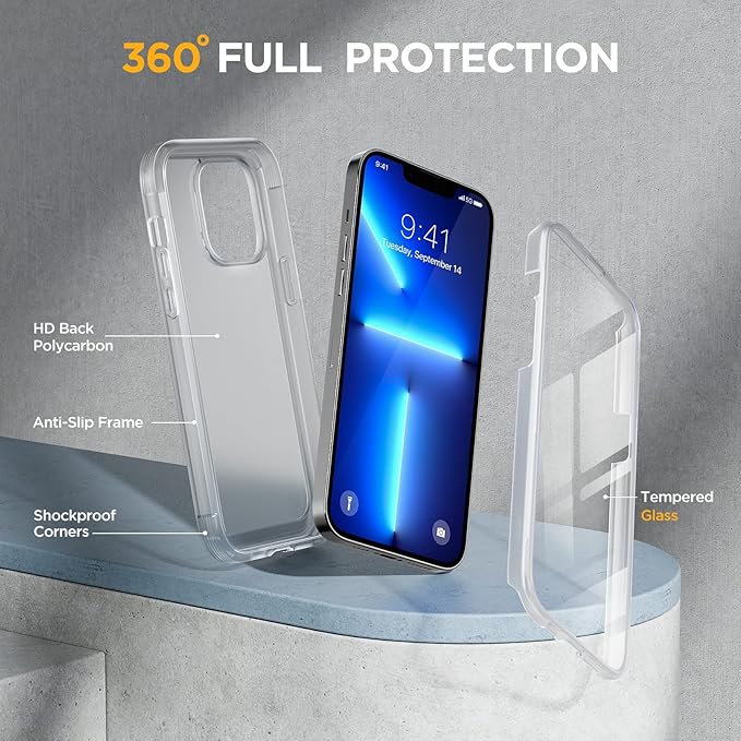 Miracase iPhone 13 Pro Max 6.7" Glass Case - 2023 Full-Body Clear Bumper with 9H Tempered Screen Protector, Matte White