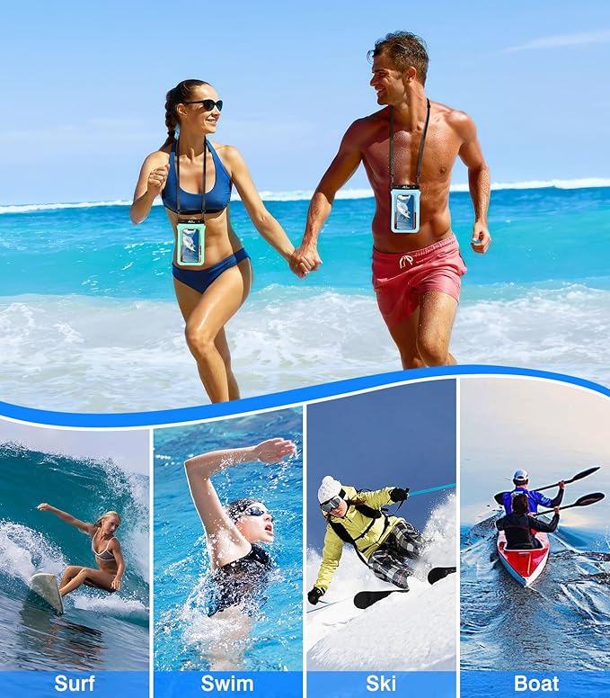 MoKo Double Case Waterproof Phone Pouch, 2Pack Waterproof Phone Case Dry Bag with Adjustable Lanyard Compatible with iPhone 15 14 Pro Max Galaxy S23 Ultra/Note 20 Ultra Up to 7 Inches, Blue+Green