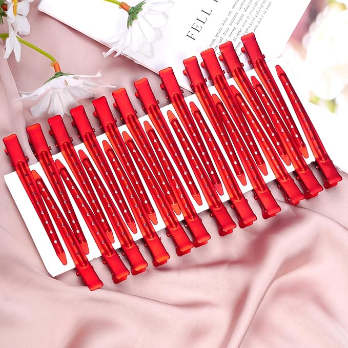 24 Packs Duck Bill Clips, Bantoye 3.35 Inches Rustproof Metal Alligator Curl Clips with Holes for Hair Styling, Hair Coloring, Matte Red