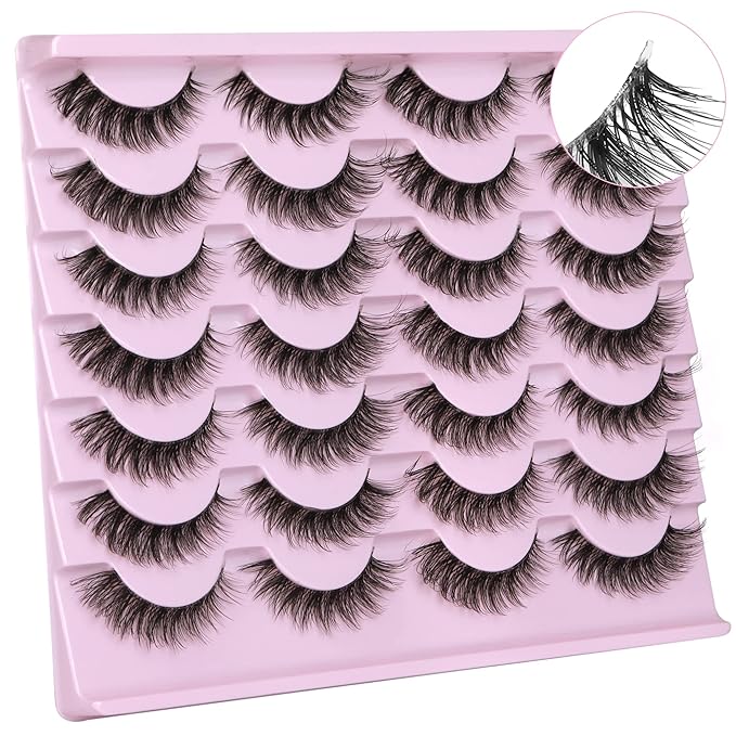 Newcally Lashes Mink False Eyelashes Natural Look Wispy Clear lash Band Fake Eyelashes Volume 3D Curly Strip Volume Cat Eye Lashes Pack 14 Pairs