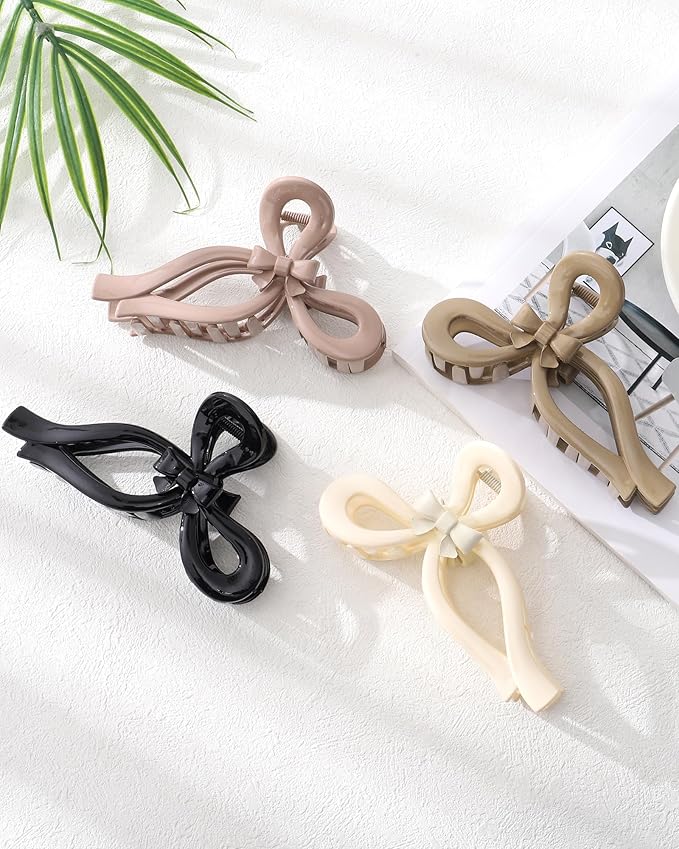 4 PCS Bow Hair Clips Bow Claw Clip for Women Nonslip Large Hair Claw Clips for Thin and Thick Hair Strong Hold Hair Bows (Black+White+Brown+Pink)