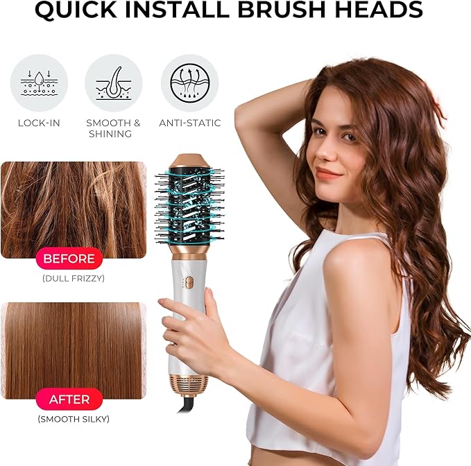 Hair Dryer Brush, 6 in 1 Upgrade Detachable Blow Dryer Air Styler Wrap Curler, Hot Air Brush Curly Twist Curling Iron, Travel Hair Styling Tool Negative Ion Blow Dryer Hot Styler