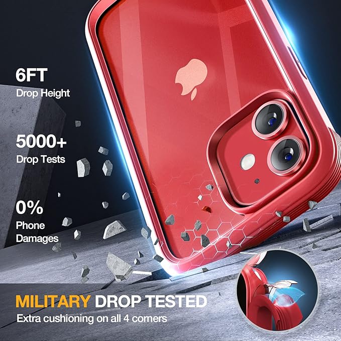 Miracase Glass Series for iPhone 12/12 Pro - Full-Body Rugged Protective Case with Built-in 9H Tempered Glass Screen Protector and Camera Lens Protector - Red