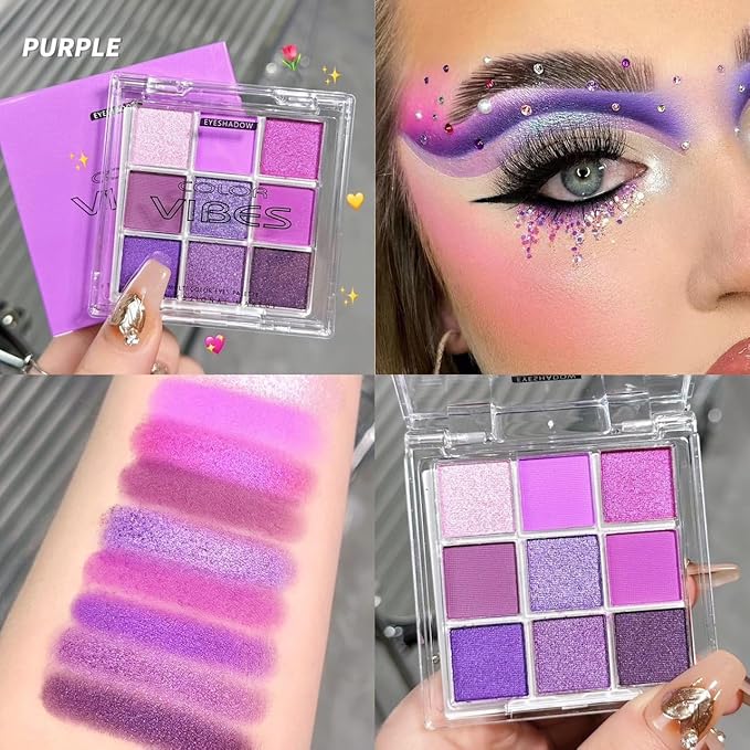 9 Colors Eyeshadow Palette - Purple Eyeshadow Theme, High Pigmented Blendable Matte & Glitter Shimmer Finishes, 24-Hour Long Lasting Mauve Eye Makeup for Christmas & Music Festivals(Purple)