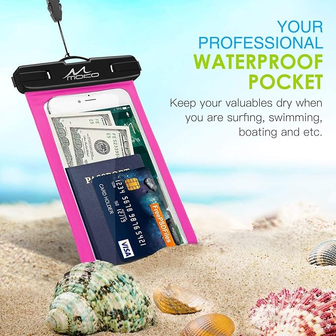 MoKo Waterproof Phone Pouch Holder 2Pack, Underwater Cellphone Case Dry Bag with Lanyard Armband Compatible with iPhone 16 15 14 13 12 11 Pro Max X/Xr/Xs/SE 3, Samsung S24/S23/S21/S10, Black+Magenta