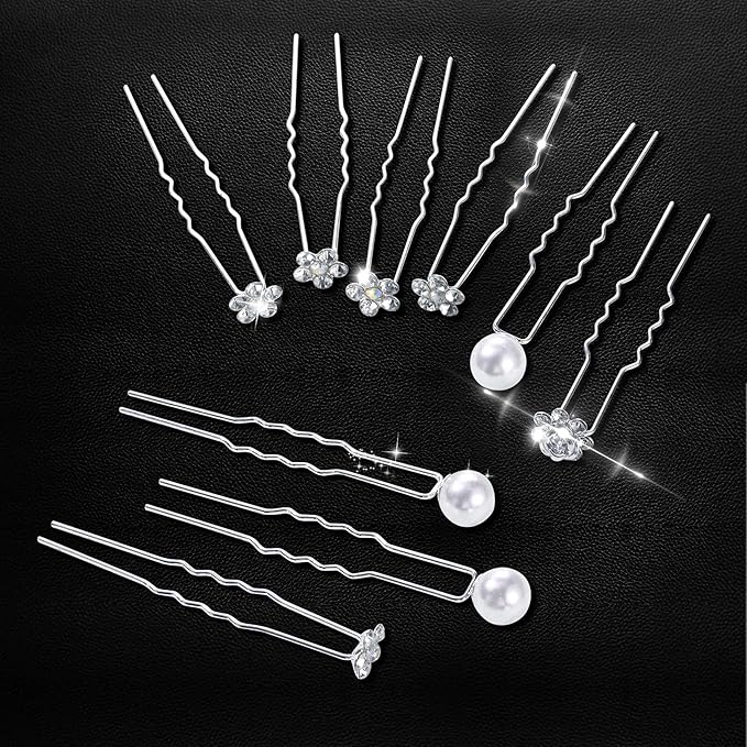 60 Pieces Bridal Hair Pins Accessories Pearl Rhinestone Flower U Shape Clips Jewelry Prom Hair Barrettes Decorations for Brides Bridesmaids Women