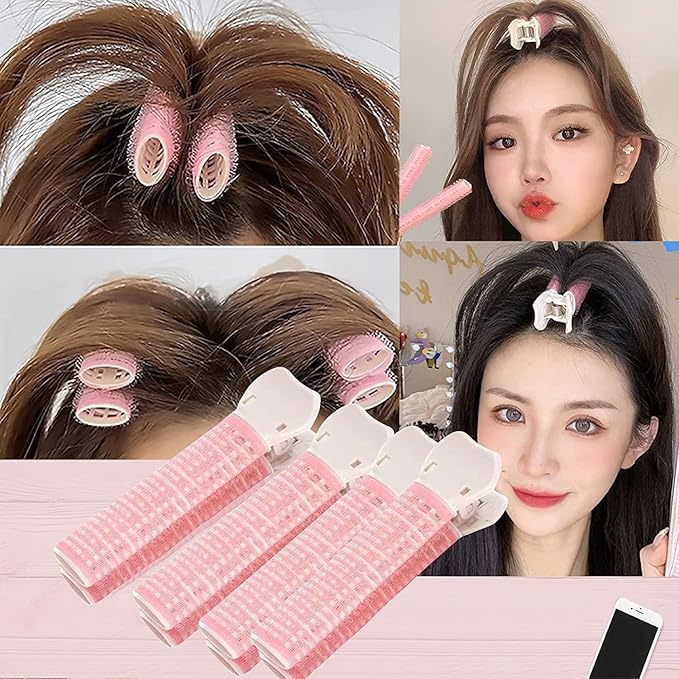 4Pcs Pink Hair Rollers with Clip,Portable Hair Volume Clip,Volumizing Hair Root Clips,Bangs Curler DIY Hair,Styling Accessories,Self Grip Volume Root Rollers,Styling Tools and Appliances