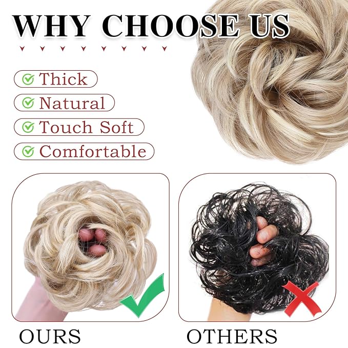 MORICA 1PCS Messy Hair Bun Hair Scrunchies Extension Curly Wavy Synthetic Chignon Hairpieces for Women (Natural Blonde & Lightest Blonde)