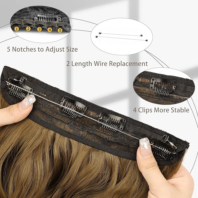 MORICA Invisible Wire Hair Extensions - 20 Inch Chestnut Brown Long Wavy Synthetic Hairpiece with Transparent Wire Adjustable Size, 4 Secure Clips for Women