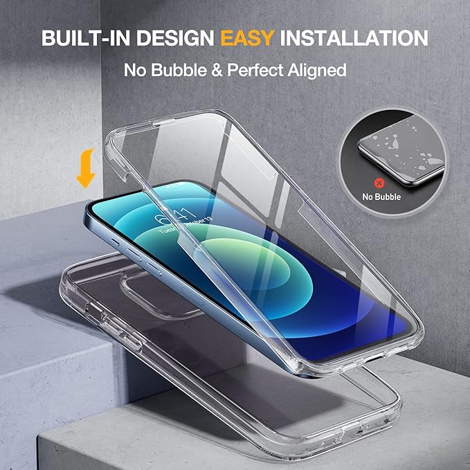 Miracase Glass Series for iPhone 12/12 Pro - Full-Body Rugged Protective Case with Built-in 9H Tempered Glass Screen Protector and Camera Lens Protector - Crystal Clear