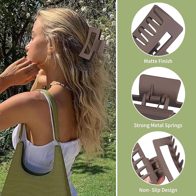 3.5 Inch Medium Hair Claw Clips 6 Pack for Women - Square Rectangle Banana Jaw Clips Accessories for Girls - Brown Grey